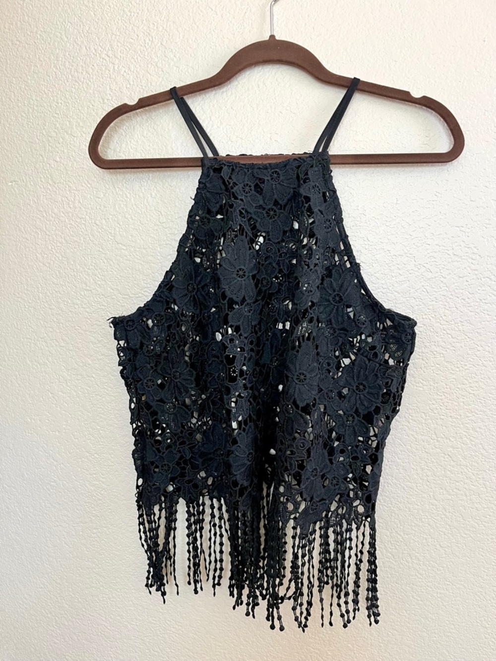 Women's Black Crocheted Fringe Crop Top CNA be used cover up for bikini